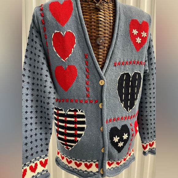 Vintage 1995 SML Sport Hand Knit Hearts ❤️ Button Up Cardigan Sweater size Small - Picture 3 of 10